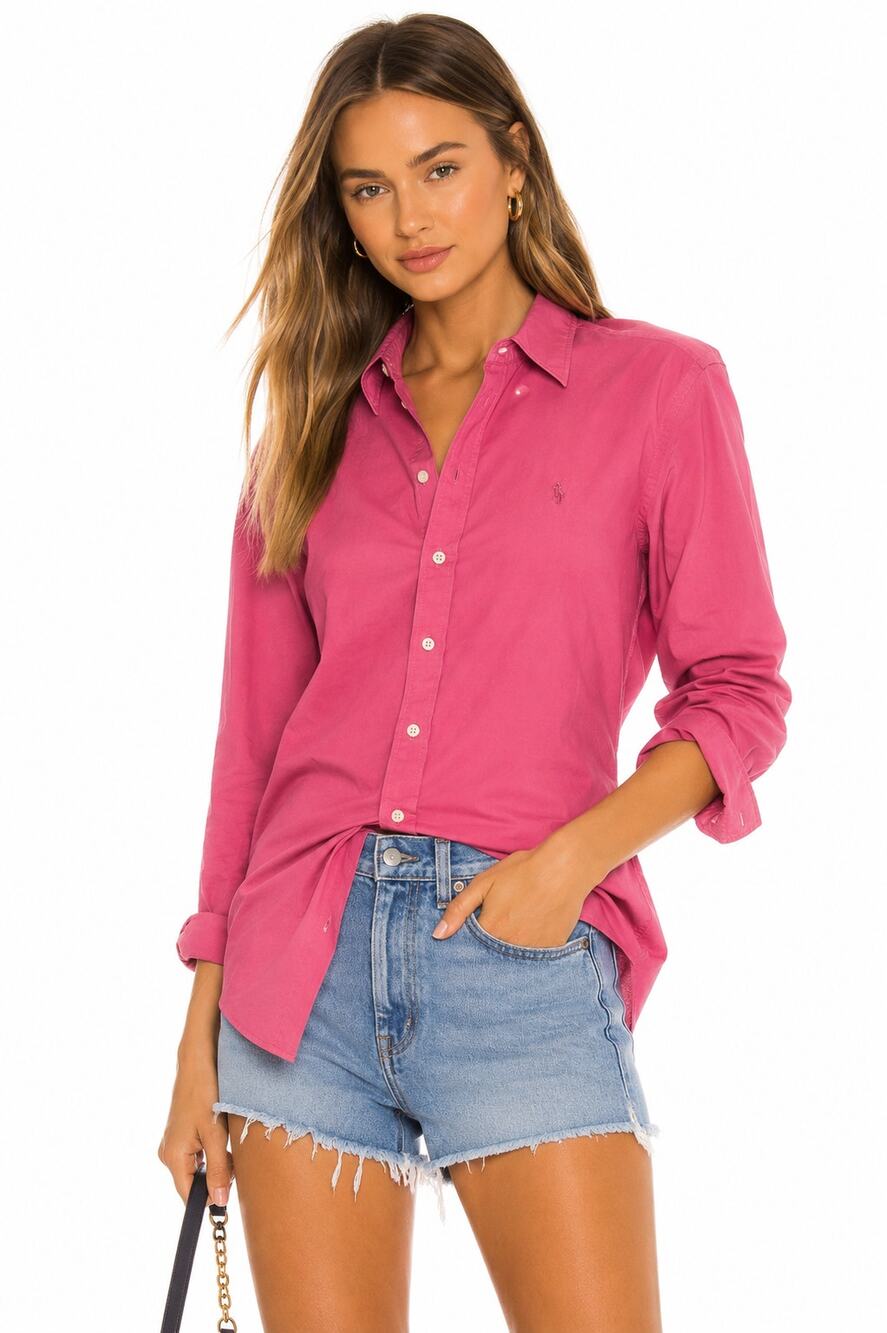 Ralph Lauren Sport Pink Button Front Long Sleeve Slim Fit Shirt EUC Size L